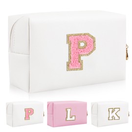 Bolsa de maquillaje con parche inicial personalizada, bolsa de chenilla con cierre, Color1-Rosa-P