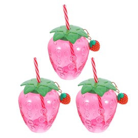 Healifty Strawberry Cups with Lid: 3 Sets 17oz Drinking Bottle with Straw Strawberry Keychains - Portable Reusable Plastic Milk Tea Juice Tumblers for Girls Women Parties Gifting 500ml