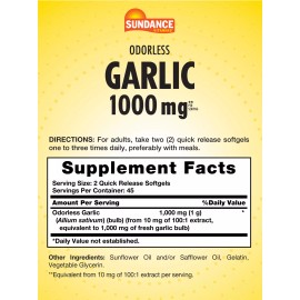 Sundance Odorless Garlic Softgels 1000mg | 90 Count | Non-GMO, Gluten Free | by Sundance
