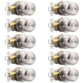 Probrico 10 Pack Keyless Door Knobs Packs, Brushed Nickel Passage Door Locks, Hallway/Closet Hardware, Universal Lock with Adjustable Latch
