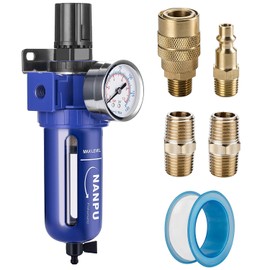 NANPU 1/4" NPT Compressed Air Filter Regulator, Zinc Alloy, 5 Micron Brass Element, 0-150 psi Gauge, Quick Release Bowl, Manual Drain, Metal Bracket