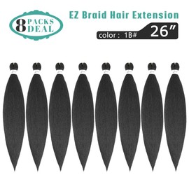 FLWAL Pre-Stretched Braiding Hair Synthetic Fiber EZ Braid 8 packs 26 inch Professional Itch Free Synthetic Fiber Corchet Braids Hot Water Setting Braid Yaki Texture Hair Extensions (1B)