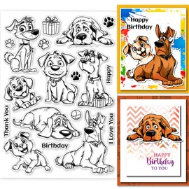 GLOBLELAND Transparent Stamp with Cartoon Dog for Designing Cards, Transparent Stamp Seals with Birthday Motifs and Dogs, 5.83 x 8.27 inches, Transparent Stamp for DIY Scrapbooking