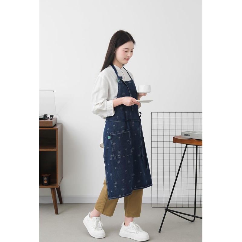 Pincy Cotton Denim Apron, Unisex Adjustable Bib Apron with Pockets