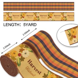 YKW 2 Rolls Harvest Festival Fall Ribbon, 2.5" Wide Plaid Pumpkin Print Wired Edge Ribbon, for Thanksgiving Autumn Decoration for Wreaths, Crafts, Bow Making,Gift Wrapping Supplies, 10 Yards Total