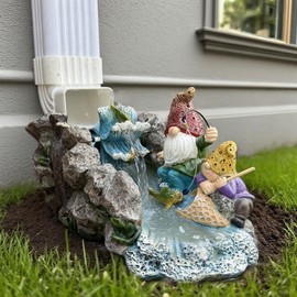 Gnome Statue Splash Block Gutter Downspout Extensions Garden Decor, Decorative of Gutters Downspout Rain Concrete Pond Splash Block, Elf Bro Downspout Statues with Waterwheel Accessory, 11.6"L x 6.9"W