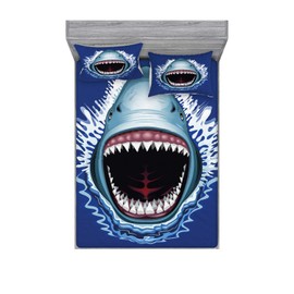 Ambesonne Shark Fitted Sheet & Pillow Sham Set, Attack of Open Mouth Sharp Teeth Sea Danger Wildlife Ocean Life Cartoon, Decorative Printed 3 Piece Bedding Decor Set, Queen, Blue Grey