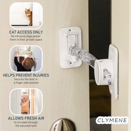 CLYMENE Cat Door Latch & Stopper, Adjustable Child Proof Door Lock and Pinch Guard, Let's Cats in and Keeps Dogs Out of Litter & Food, No Need for Pet Gates or Interior Cat Door (Transparent)