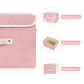 ANMINY 2PCS Fabric Storage Bin with Lid Rose Print Box Basket with PU Leather Handles Washable PP Plastic Board Decorative Foldable Lidded Shelf Cubes Closet Organizer Container - Pink, Large Size