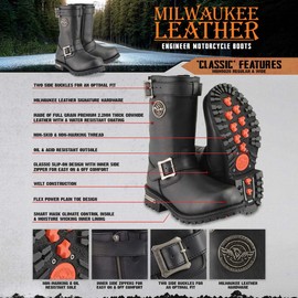 Milwaukee Leather Men's Black 11-Inch Classic Engineer Motorcycle Leather Boots MBM9020-9.5