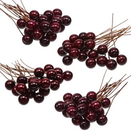 BBTO Artificial Holly Berries, 100 Pieces Mini 10 mm Fake Berries Decor on Wire for Christmas Tree Decorations Flower Wreath DIY Craft Use (Dark Red)