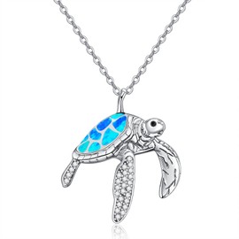 TANGPOET 925 Sterling Silver Turtle Necklace Turtle Pendant Ocean Jewellery Gifts for Women with S925 18 Inch + 2 Inch Cable Chain, Sterling Silver, Opal