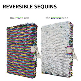 VIPbuy Magic Reversible Sequin Notebook Diary Lined Travel Journal with Lock and Key for Kids Girls, A5 Size (8.5 x 5.5 Inches), 78 Sheets, Rainbow to Silver