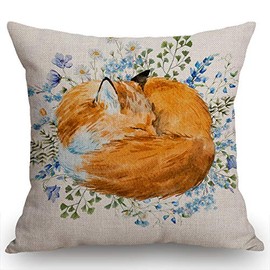 Swono Watercolor Sleeping Fox Throw Pillow Cover Cushion Case for Home Decor Sofa Couch 18" x 18" Inch Cotton Linen Farmhouse Decorations
