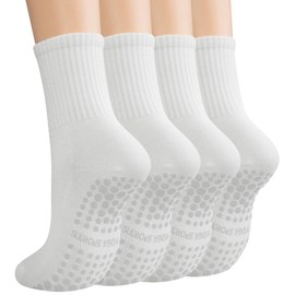 floconssy Pilates Socks with Grips for Women Yoga Crew Non Slip Socks for Barre Hospital Workout Slipper 4 Pairs White Size