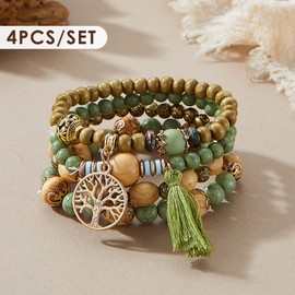 DHSBGWSX Pack of 8 Bead Bracelets, Wooden Bead Bracelets, Bohemian Ethnic Style, Bracelet with Tassel Pendant, Jewellery Gift, Elastic Wooden Bead Bracelet