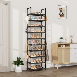 VTRIN 10 Tiers Tall Shoe Rack Holds 20-25 Pairs of Shoes Sturdy Vertical Shoe Organizer with 18pcs Hooks Stackable Narrow Shoe Rack for Closet, Entryway Black