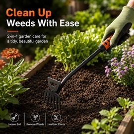 2-in-1 Garden Weeding Tool for Soil Care – Stainless Steel Dual-Head Rake & Hoe for Gardens, Lawns & Yards