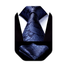 HISDERN Navy Blue Mens Tie Paisley Floral Ties for Men Solid Formal Handkerchief Men's Neckties and Pocket Square Set Classic Tuxedo for Wedding