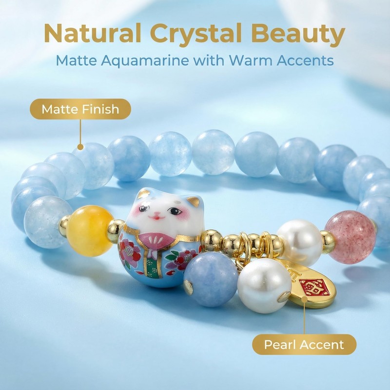 Feng Shui Lucky Cat Bracelet with Blue Crystal & Ceramic
