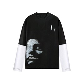 BEAUDRM Men's Graphic 2 in 1 Tee Shirts Long Sleeve Crewneck Drop Shoulder Tops Streetwear Black Large