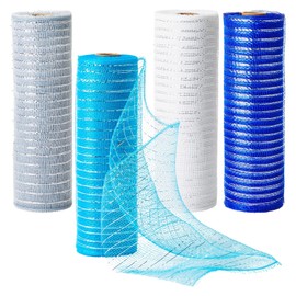 Bright Creations 4-Pack Deco Mesh Ribbon Rolls, 10 in x 30 ft Craft Mesh for Wreaths, Centerpieces, Decorations, Metallic Poly Burlap Mesh 10 inches in Blue, Silver, White, and Royal Blue (10 yd)