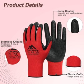 flintronic 3 Pairs Safety Work Gloves, Latex and Nitrile Coated Gloves, Non-Slip Work Handling Gloves, Firm Grip Protective Working Gloves for Gardening, Builders, General Duty (M - Size 8, Red)