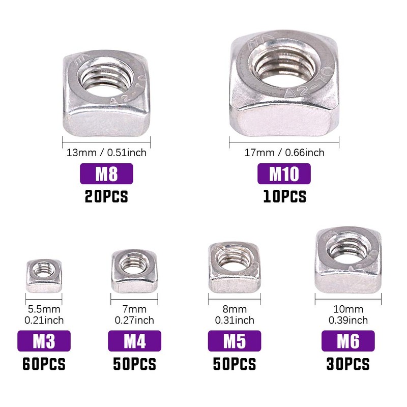 Swpeet 220Pcs 304 Stainless Steel 6 Sizes Metric Square Nuts
