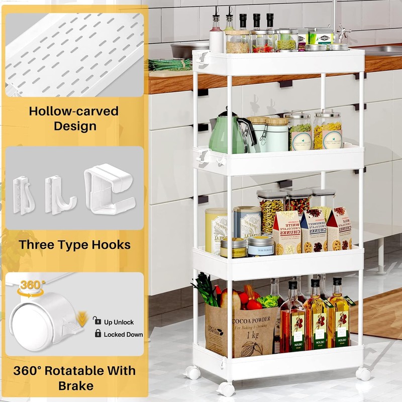 SPACEKEEPER Storage Cart, 4-Tier Mobile Shelving Unit, Bathroom Rolling Cart