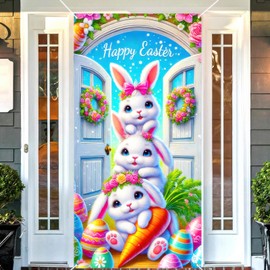 BlissYard Easter Door Cover Bunny Carrot Door Banner 71x35 Inch Polyester Door Porch Banner Sign Easter Decor Spring Door Covers Backdrop Poster Party Decoration for Front Door Indoor and Outdoor Festive Decor