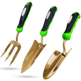 Garden Guru Garden Tool Set 3pc Hand Trowel Transplanter Cultivator – Heavy Duty Titanium Coated Stainless Steel - Ergonomic Comfort Grip Handle – Perfect Gardening Tool Kit Gifts for Women & Men