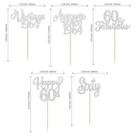 30 piezas de adornos para magdalenas de feliz cumpleaños 60 con purpurina, 60 piezas clásico de 1963 para magdalenas, 60 fabulosas decoraciones para tartas para 60 cumpleaños, boda, aniversario, fiesta, suministros plateados