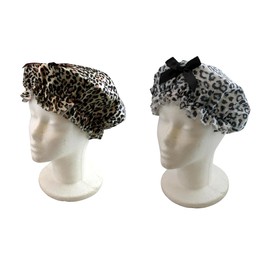 2 Pack Premium Lined Shower Cap Bath Accessory Reusable Leopard Design With Bow Waterproof