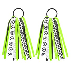 Ftuuo 2pcs Soccer Ponytail Holders Hair Ribbons Streamer Green Black Soccer Elastic Hair Ties Band Hair Scrunchies Game Day Party Accessories Back School Gift for Women Cheerleader Fans