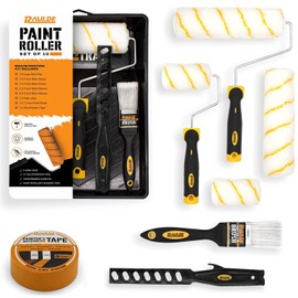 Raulde Paint Roller Set of 10 Pieces - Includes a Paint Tray, Brush, Large and Mini Rollers & Sleeves, Paint Repellent Masking Tape, Multipurpose Scraper - Roller Set for Painting Walls