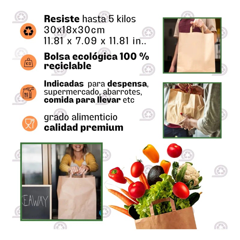 500 Bolsas De Papel Kraft Con Asa 30x18x30 Cm Ecológica
