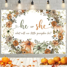 MEHOFOND 7x5ft Pumpkin Gender Reveal Backdrop He or She What Will Our Little Pumpkin Be Photography Background for Boy Girl Watercolor Floral Thanksgiving Baby Shower Party Decoration Banner