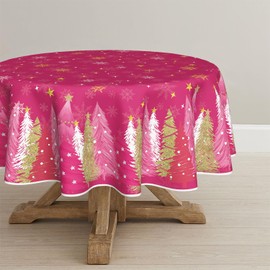 Horaldaily Christmas Tablecloth 60x60 Inch Round, Christmas Trees Pink Washable Seasonal Table Cover for Party Picnic Dinner Decor