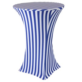 YOUR CHAIR COVERS - 30" Highboy Cocktail Round Stretch Spandex Table Cover - Royal Blue and White Striped, Fitted Elastic Tablecloth for Round Tables, Outdoor Party DJ Banquet Vendor Wedding