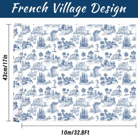 French Wrapping Paper Roll - 17 Inches X 33 Feet - Blue Retro Village Toile Wrapping Paper Rustic Gift Wrap Paper for Bridal Shower Birthday Party DIY Craft Supplies