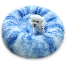 Patas Lague Calming Dog Bed for Medium Dogs, Fluffy Soft Cozy Cat Bed, Faux Fur Anti-Anxiety Plush Washable Pet Donut Cuddler for All Seasons 24IN, Blue