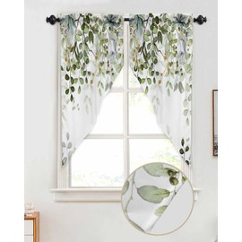 AYTTBIS Sage Green Eucalyptus Swag Curtain Valance for Windows,Watercolor Leaves Window Treatments Short Swag Topper for Kitchen Windows Bathroom Bedroom,28 x 36 Inch