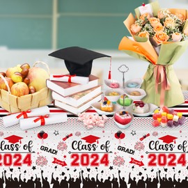 Graduation Decorations Class of 2024 Tablecloth - 3 Pcs Plastic Congrats Grad Table Cloth, Graduation Table Cover for Graduation Party Decorations 2024 and Party Supplies, 54"x108" (Red and Black)