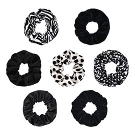 Yonchic 7-Piece Zebra Leopard Print Polka Dot Leather Velvet Solid Scrunchies for Women Girls, No Damage Elastic Hair Ties, Bulk Ponytail Holder Hair Bands, Rubber Band Hair Accessories (Black)