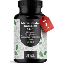 Mariendistel Artischocke Löwenzahn Komplex Hochdosiert - 90 Kapseln - 5-in-1 Leber Kur Komplex mit Mariendistel + Artischocke + Löwenzahn + Desmodium + Cholin - Vegan Laborgeprüft