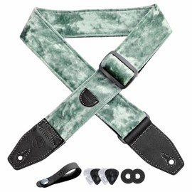 YIKOKO Guitar Strap 2 Inch Velvet Guitar Straps with Full Grain Leather End for Bass, Electric and Acoustic Guitars, Free Strap Button, 2 Strap Locks and 4 Guitar Picks, light green