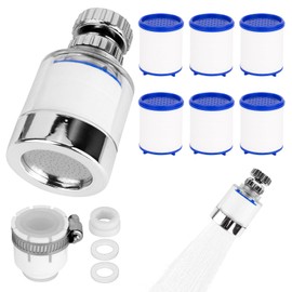 2PCS Wasserhahn Filter, 360° Wasserfilter Wasserhahn mit 6 Stück PP-Baumwollfilterelement, Austauschbar Filterelement Transparent Tap Water Filter für Küche