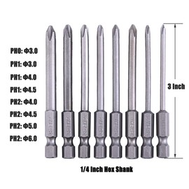 Phillips Cross Screwdriver Bits Set, 8Pcs 1/4 inch Hex Shank Long Magnetic Cross Phillips Screw Head Electric Screwdriver Bit Sets Power Tools 3-Inch length for Power Screwdriver Drill Impact Driver