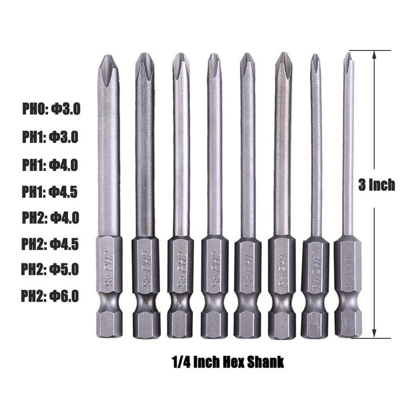 Phillips Cross Screwdriver Bits Set, 8Pcs 1/4 inch Hex Shank