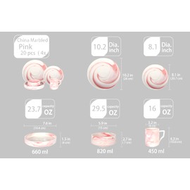 Home VSS, Fine China Artisan Marbled Dinner Set (20pc Set, Pink)